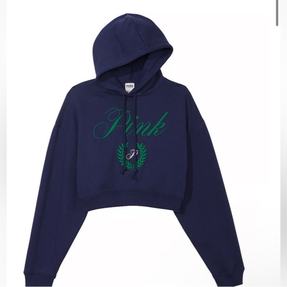 Pink Victoria’s Secret  Navy Blue Cropped Hoodie with Green Logo